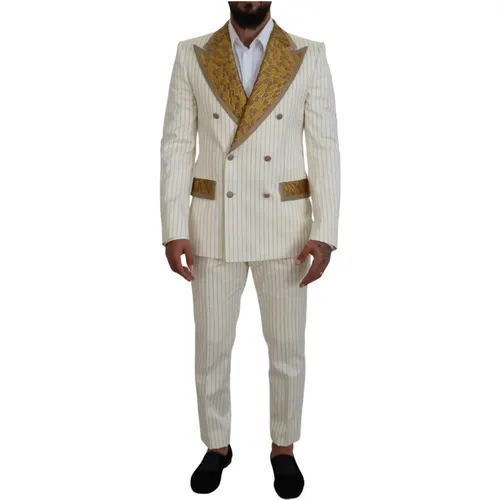 Off White Gold Gestreifter Tuxedo Slim Fit Anzug - Dolce & Gabbana - Modalova