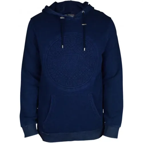 Marineblaues Sweatshirt mit Denim-Effekt und Geprägtem Logo - Balmain - Modalova