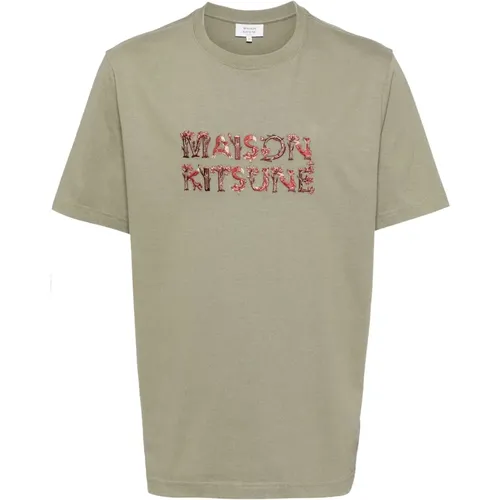 Besticktes Logo T-Shirt in Körnigem Grün , Herren, Größe: S - Maison Kitsuné - Modalova