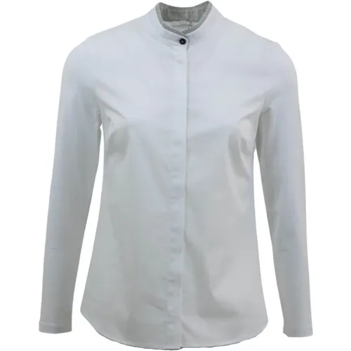 Weiße Bluse mit Mao-Kragen und grauem Besatz - PESERICO - Modalova
