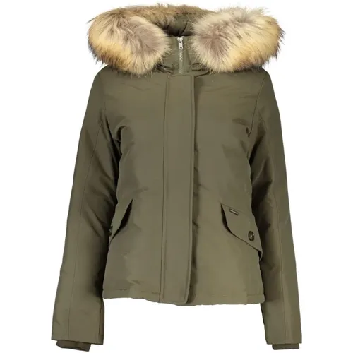 Grüne Kapuzenjacke mit Abnehmbarem Pelz , Damen, Größe: M - Woolrich - Modalova