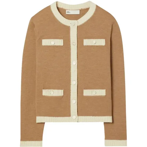 Camel Wool Sweater with Contrasting Trim , female, Sizes: S, L, M - TORY BURCH - Modalova