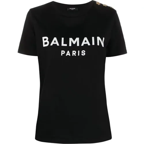 Logo-print T-shirt with Embossed Buttons , female, Sizes: S, M, XS, L - Balmain - Modalova