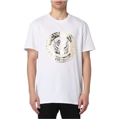 Weißes T-Shirt mit Gold-Logo , Herren, Größe: M - Roberto Cavalli - Modalova