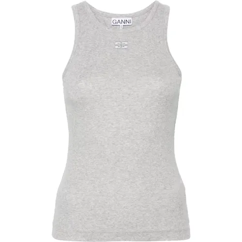 Grey Stretch Cotton Sleeveless T-shirt , female, Sizes: S - Ganni - Modalova