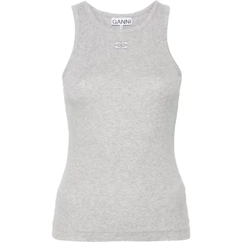 Grey Stretch Cotton Sleeveless T-shirt , female, Sizes: S, L - Ganni - Modalova