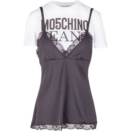 Contrast Logo T-Shirt with Lace Detail , female, Sizes: M, S - Moschino - Modalova