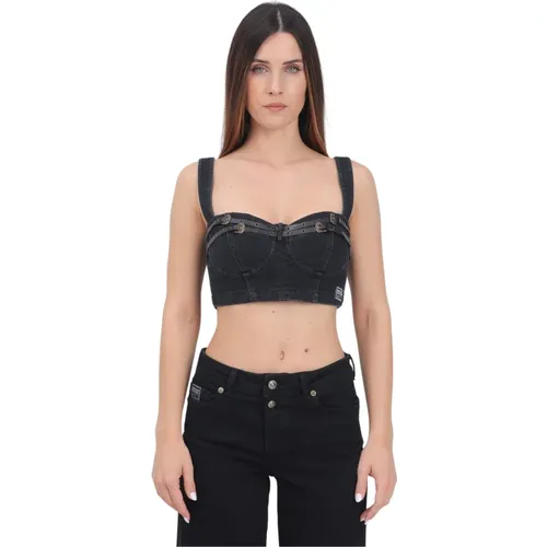 Schwarzes Denim-Korsett mit Barock-Schnallen , Damen, Größe: XS - Versace Jeans Couture - Modalova