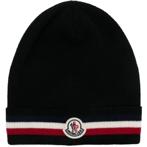 Ribbed Knit Logo Patch Hat , male, Sizes: ONE SIZE - Moncler - Modalova