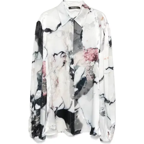 Marble-Printed Satin Shirt Multicolour , female, Sizes: L, M - Roberto Cavalli - Modalova