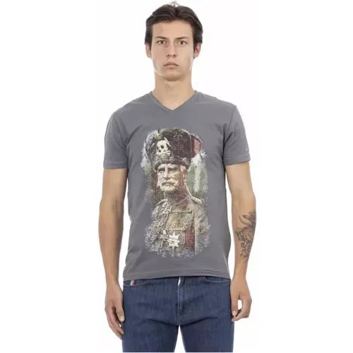 Elegantes V-Ausschnitt T-Shirt mit Frontdruck , Herren, Größe: 2XL - Trussardi - Modalova