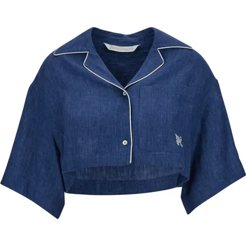 Monogramm Leinen Crop Shirt Indigo Blau , Damen, Größe: 2XS - Palm Angels - Modalova
