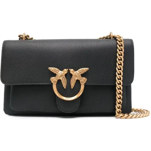 Schwarze Leder-Schultertasche mit goldener Logoschnalle , Damen, Größe: ONE Size - pinko - Modalova