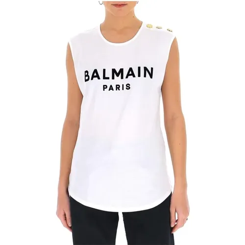 Cotton T-Shirt With Flocked Black Logo - Balmain - Modalova