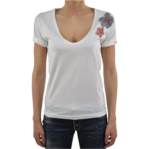 Logo Cotton T-Shirt with Floral Detail , female, Sizes: M - Dsquared2 - Modalova