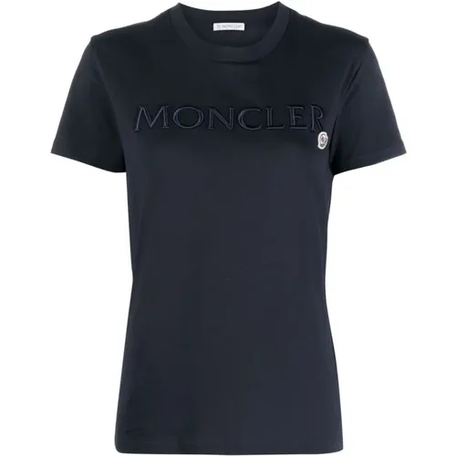 Blau Besticktes Logo T-Shirt , Damen, Größe: M - Moncler - Modalova