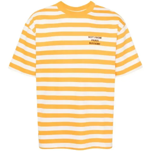 Striped Ochre Slogan T-shirts and Polos , male, Sizes: S - Drole de Monsieur - Modalova