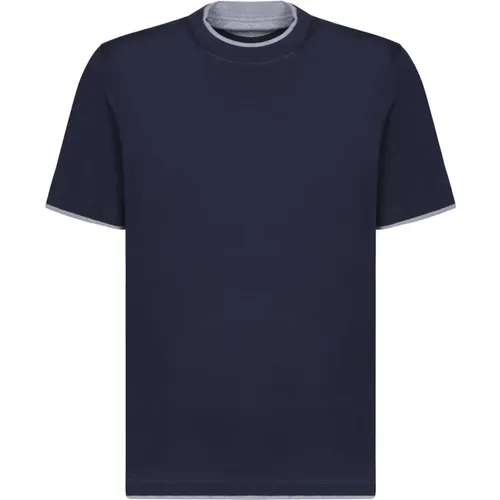 Blau Baumwoll T-Shirt Rundhals Kurze Ärmel - BRUNELLO CUCINELLI - Modalova