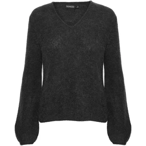 Schwarzer V-Ausschnitt Pullover mit Puffärmeln , Damen, Größe: 2XL - Soaked in Luxury - Modalova