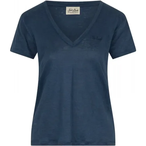 Blaues Leinen V-Ausschnitt T-Shirt Eloise , Damen, Größe: M - MC2 Saint Barth - Modalova