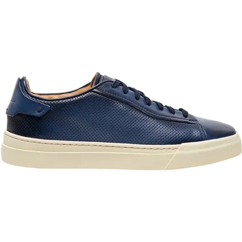 Blaue handgefertigte perforierte Ledersneaker , Herren, Größe: 44 EU - Santoni - Modalova