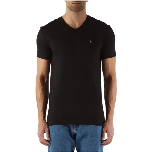 V-Ausschnitt Baumwoll T-Shirt mit Frontlogo-Patch , Herren, Größe: 2XL - Calvin Klein Jeans - Modalova