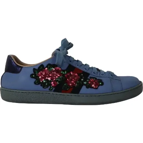 Leather Sneakers with Floral Sequin Embellishment , female, Sizes: 3 1/2 UK - Gucci Vintage - Modalova
