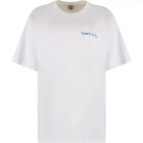 Geripptes Rundhals Baumwoll T-Shirt , Damen, Größe: L - Sporty & Rich - Modalova