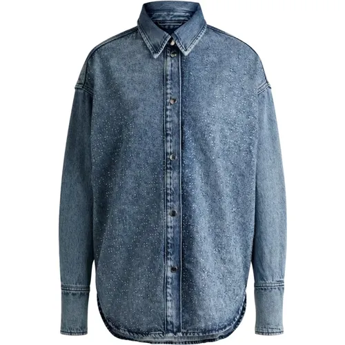 Denim-Shirt mit Kristalldekorationen , Herren, Größe: 2XL - Hugo Boss - Modalova