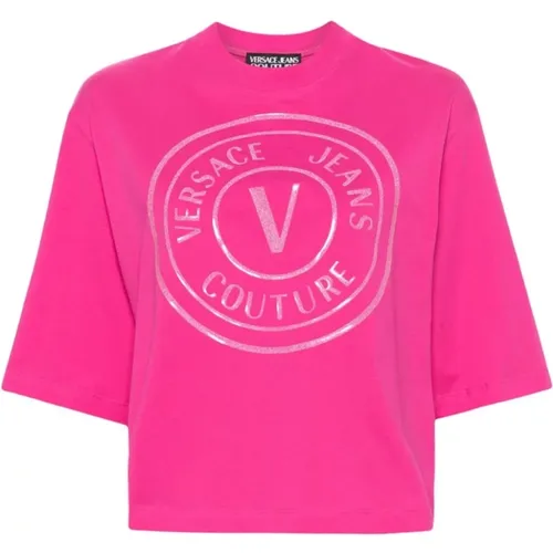 Fuchsia T-shirts and Polos with Screen Printed Design , female, Sizes: 2XS - Versace Jeans Couture - Modalova