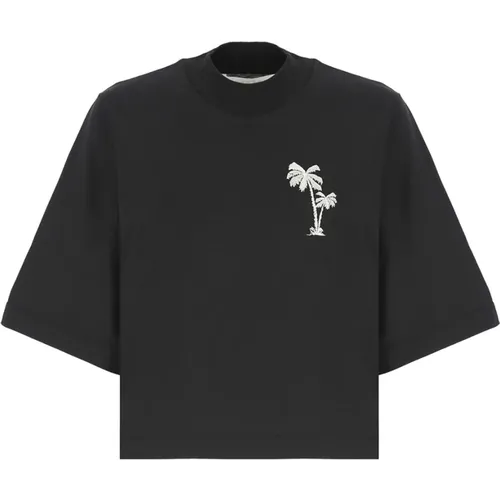 Schwarzes Baumwoll-T-Shirt mit Besticktem Logo , Damen, Größe: S - Palm Angels - Modalova