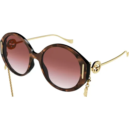 Chain Gold Sunglasses Light Havana Red , female, Sizes: 57 MM - Gucci - Modalova