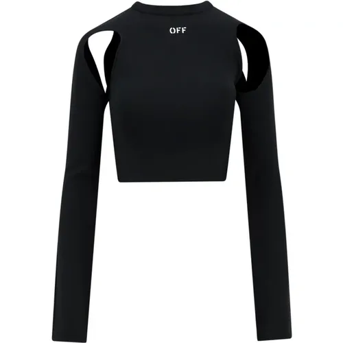 Schwarzes Langarmshirt mit Rundhalsausschnitt , Damen, Größe: 2XS - Off White - Modalova