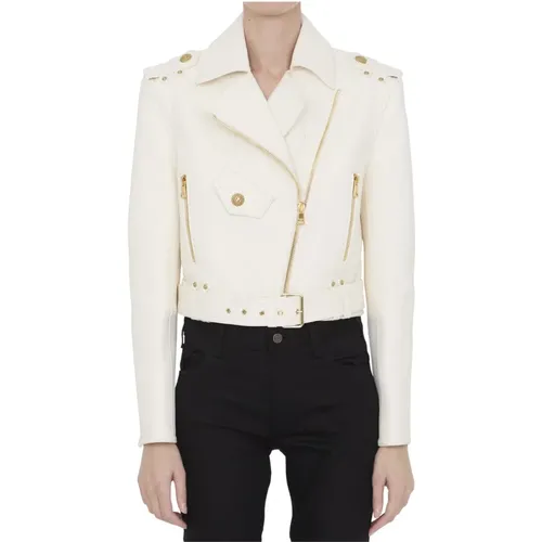 Weiße Leder Bikerjacke Balmain - Balmain - Modalova