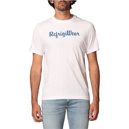 Baumwoll-Crewneck T-Shirt mit Blauem Logo , Herren, Größe: L - RefrigiWear - Modalova