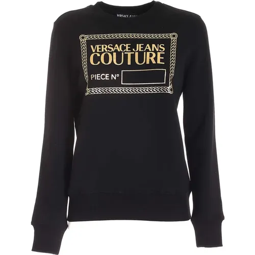 Schwarzer Baumwoll-Sweatshirt mit Gummi-Logo-Print , Damen, Größe: S - Versace Jeans Couture - Modalova