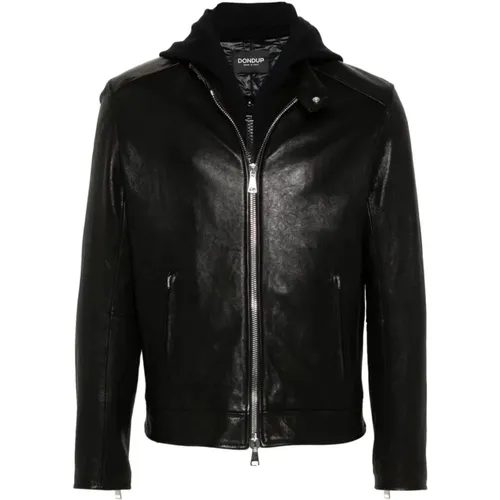 Leather Hooded Coat Hammered Texture , male, Sizes: L - Dondup - Modalova