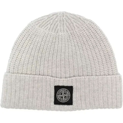 Compass Ribbed-Knit Beanie in Light Grey , male, Sizes: ONE SIZE - Stone Island - Modalova