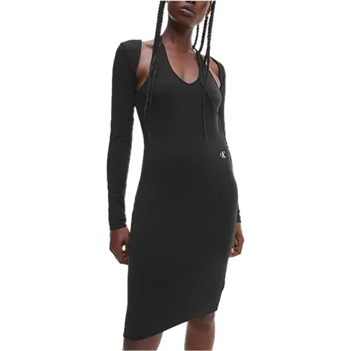 Schwarzes Langarm V-Ausschnitt Kleid , Damen, Größe: M - Calvin Klein Jeans - Modalova