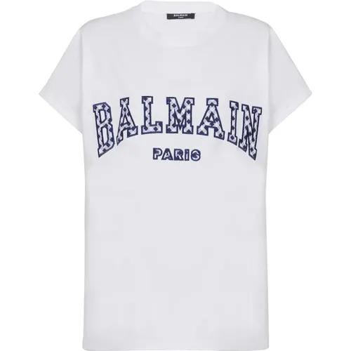 T-shirt with gingham Bamain Paris ettering , female, Sizes: L, S, XL, XS, M - Balmain - Modalova