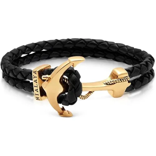 Men's Leather Bracelet with Gold Anchor - Nialaya - Modalova