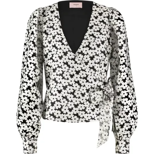 Schwarze Bluse mit Blumenmuster, transparenten Ärmeln und V-Ausschnitt - Freebird - Modalova