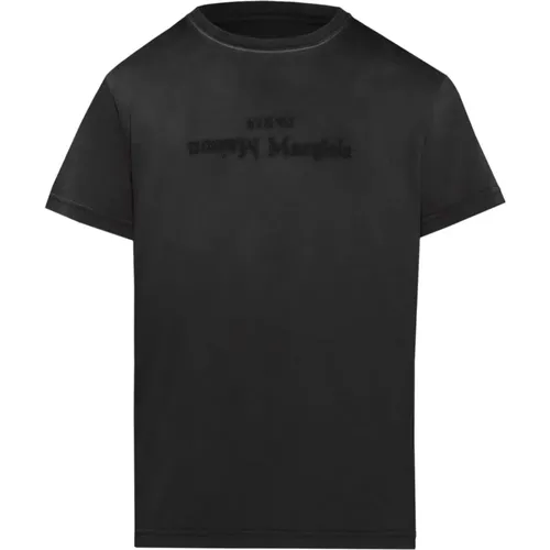 Schwarzes T-Shirt mit umgekehrtem Druck,T-Shirt mit Distressed Finish und Logo-Print - Maison Margiela - Modalova