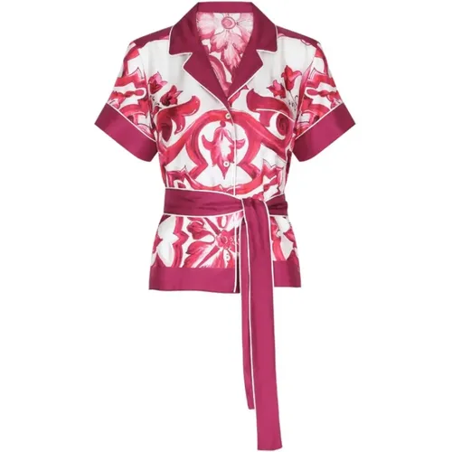 Majolica-print Silk Shirt with Belt , female, Sizes: S - Dolce & Gabbana - Modalova