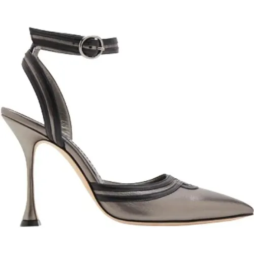 Dark Grey Laminate Slingback with Contrast Trim and Stiletto Heel , female, Sizes: 4 UK, 6 UK, 3 1/2 UK, 4 1/2 UK - Manolo Blahnik - Modalova