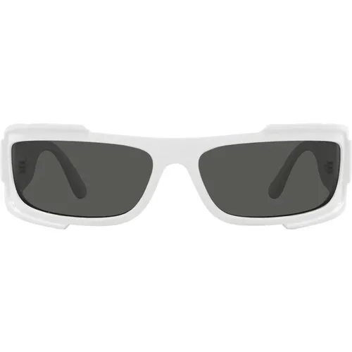 Rechteckige Sonnenbrille mit dunkelgrauer Linse und weißem Rahmen , unisex, Größe: 67 MM - Versace - Modalova
