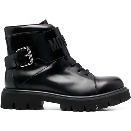 Embossed Logo Leather Lace-up Boots , male, Sizes: 11 UK, 10 UK - Moschino - Modalova