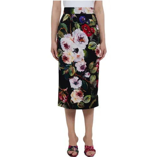 Rose Garden Print Silk Midi Skirt , female, Sizes: S, 2XS - Dolce & Gabbana - Modalova