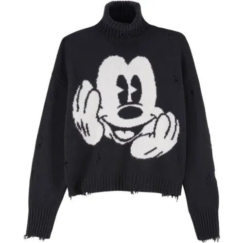 Schwarzer Wollpullover mit Mickey Design , Damen, Größe: M - Aniye By - Modalova