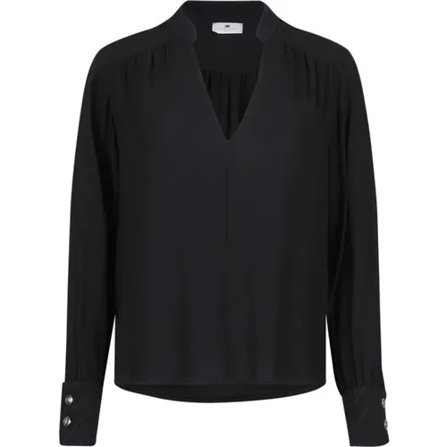 Schwarze Georgette Bluse mit V-Ausschnitt , Damen, Größe: L - Elisabetta Franchi - Modalova